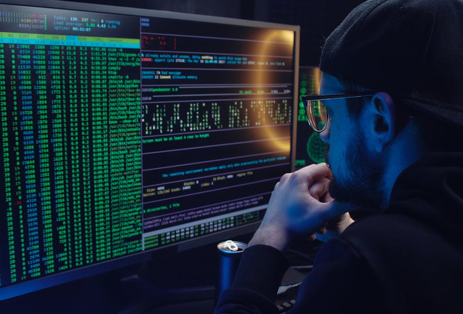 Illustration of server security breach with code and routing indicators